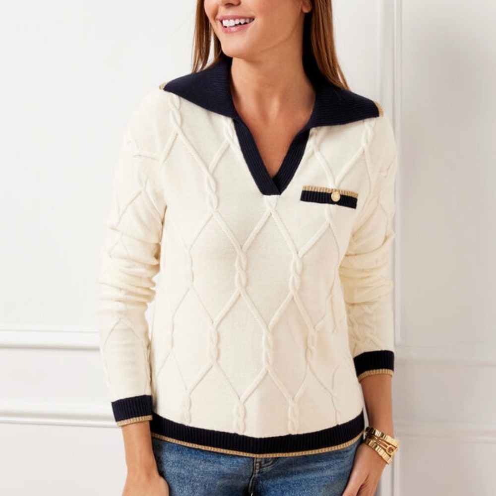 Talbots Lattice Cable Knit Johnny Collar Pullover Sweater L Cream Dark Navy Gold